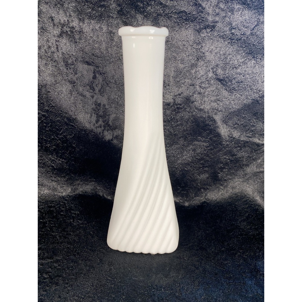 Vintage 1960's Milk Glass Bud Vase Scalloped Rim Diagonal Twisted Ribbed Pattern